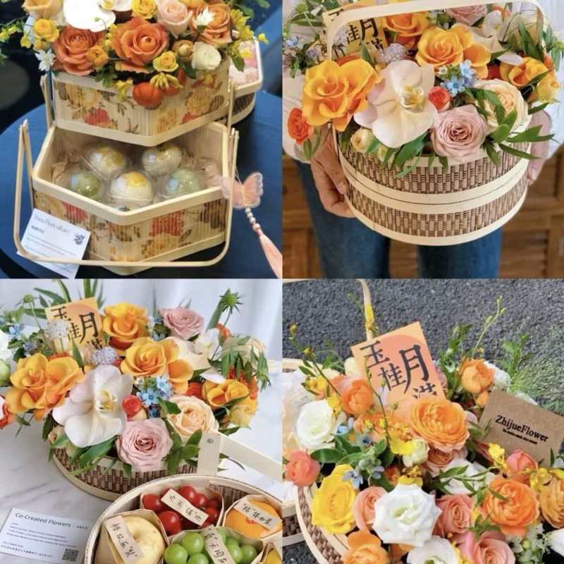 中式圆形两层花篮手提篮干果粽子篮月饼盒礼盒竹篮森系礼品盒