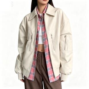 美式复古PU皮衣外套女秋季新款设计感宽松休闲款米色机能夹克上衣