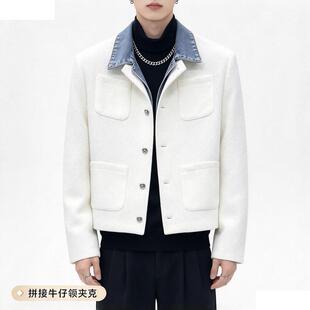 小众高级感拼接牛仔假两件潮男垫肩小香风外套男痞帅白色夹克上衣
