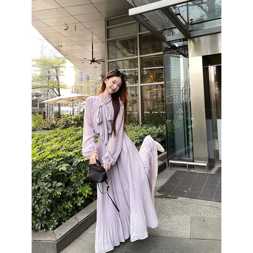 法式气质蝴蝶结长袖衬衫高腰显瘦半身长裙女2025春季新款套装chic