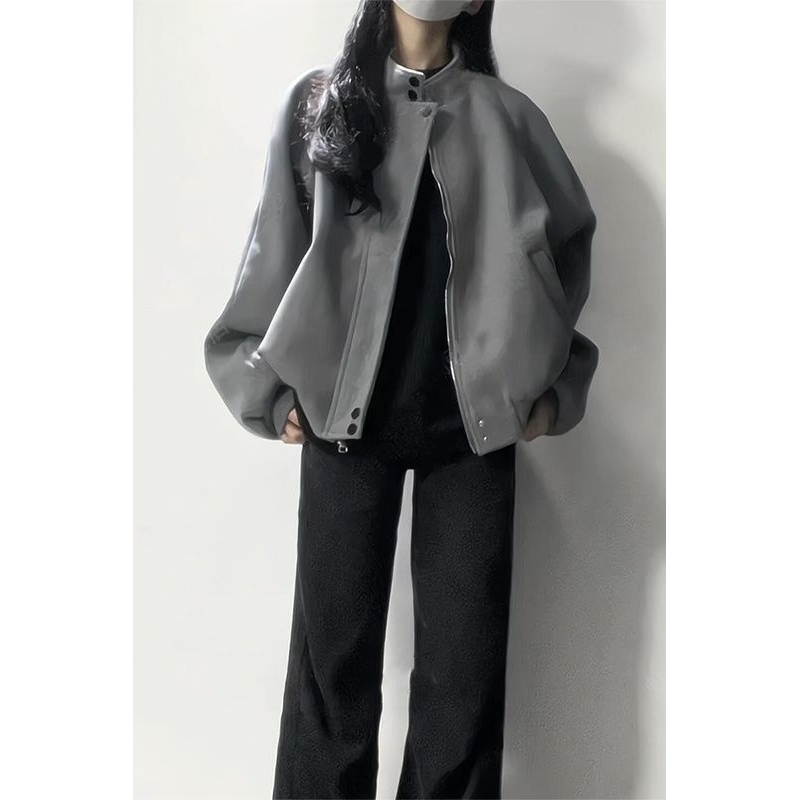 美式复古高级感灰色立领麂皮绒外套女春秋新款又酷又飒百搭夹克潮