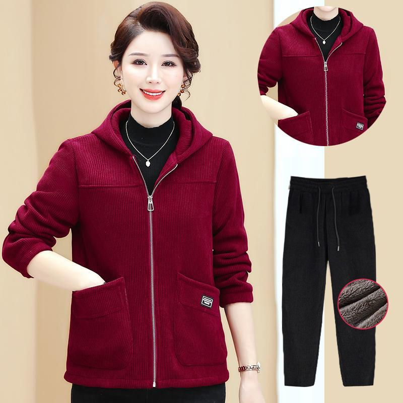 2025秋冬欧棉绒时尚套装中年纯色高品质连帽条绒加绒运动两件套女