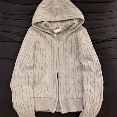 韩版灰色麻花拉链连帽毛衣外套针织女早秋春冬显瘦慵懒风软糯开衫