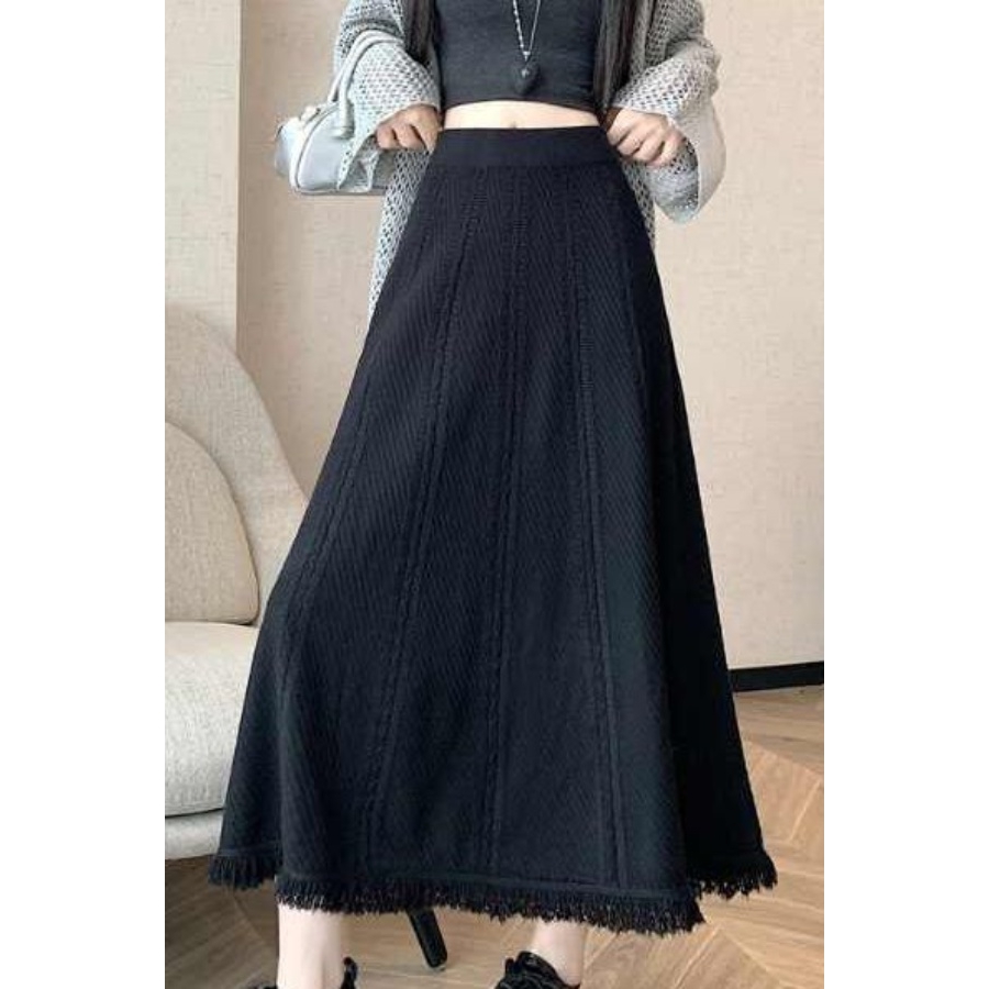 流苏针织半身裙女2025秋冬新款加厚大摆裙中长款高腰显瘦毛线裙子