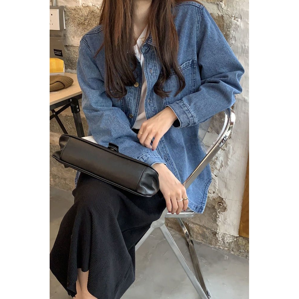 秋冬新款牛仔衬衫女潮韩系BF风宽松中长款ins超火的复古翻领长袖