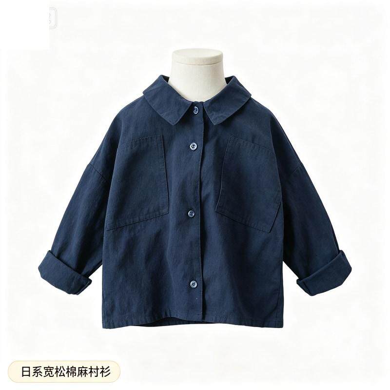早春男童衬衫日系新款春秋宝宝长袖上衣外穿宽松口袋棉麻儿童衬衣