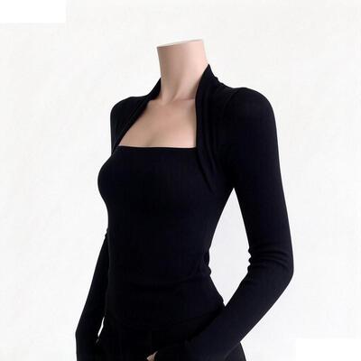 纯欲黑色方领正肩长袖t恤女春秋新款修身显瘦性感收腰辣妹短上衣