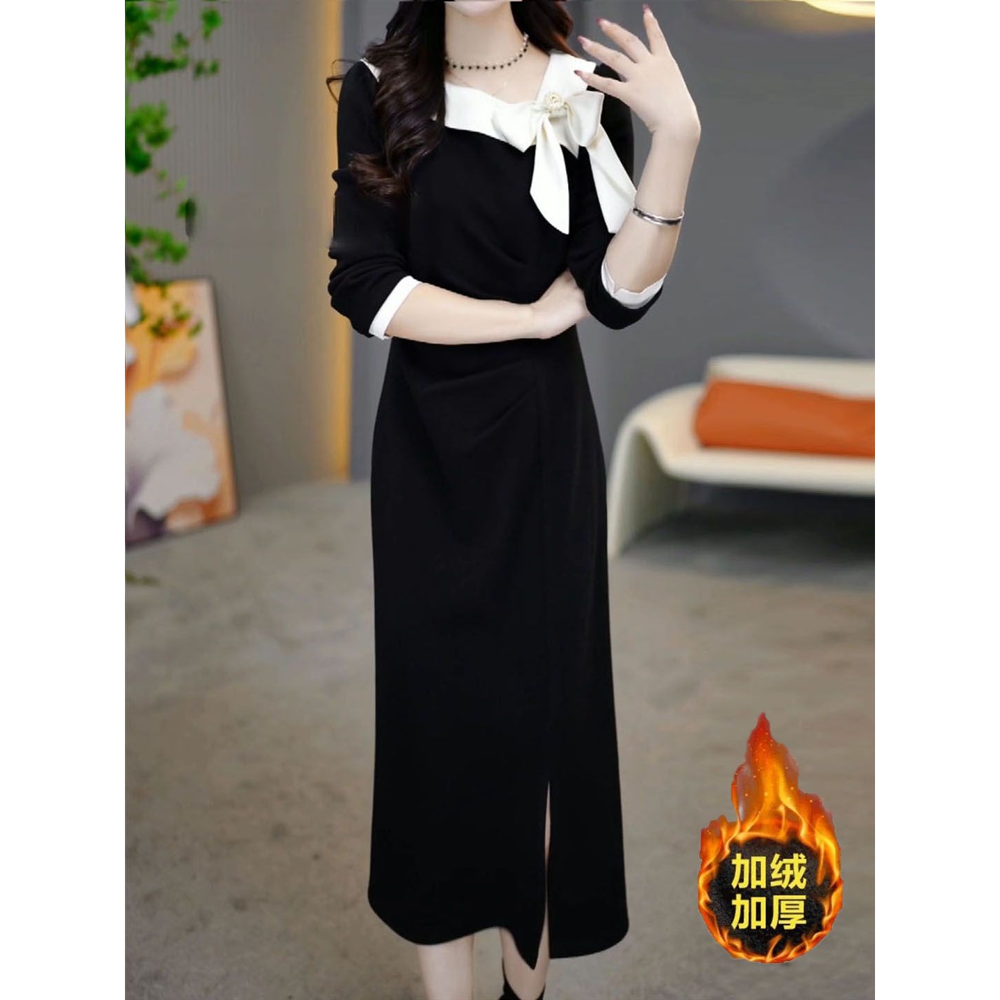 2025秋冬季新款时尚气质减龄高级感修身显瘦遮肚加绒加厚连衣裙