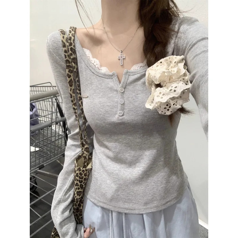 半开领纯欲风蕾丝长袖T恤女春秋