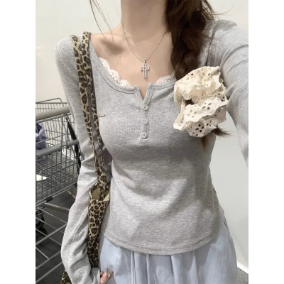 半开领纯欲风蕾丝长袖T恤女春秋
