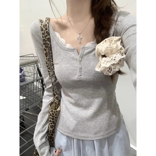 半开领纯欲风蕾丝长袖T恤女春秋
