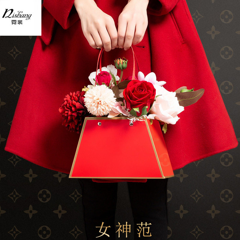 女神节女神范手提花盒鲜花礼盒折叠纸盒玫瑰花束手提花篮牛皮纸袋