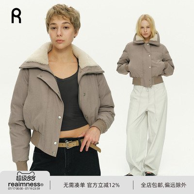 ReAimNess* 环保皮草拼接毛领翻领羽绒夹克派克服夹克外套女
