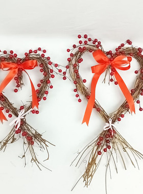 藤编爱心红果心形装饰挂件婚房布置情人节礼物欧美田园风摆件吊件