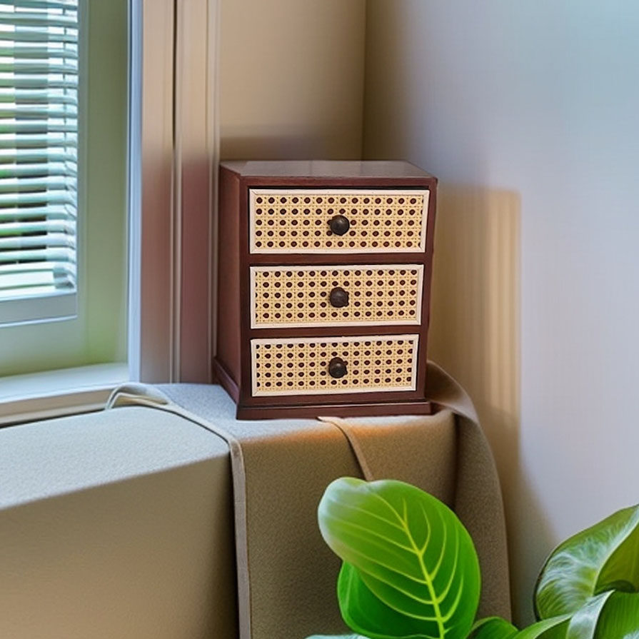 复古多层收纳柜实木桌面藤编迷你收纳盒收纳创意首饰抽屉式置物架,收纳整理,缝隙柜,淘宝优惠券,粉丝福利购,淘宝优惠卷