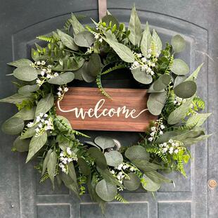 新品尤加利花叶花环门挂春夏农舍欢迎光临门牌仿真花藤圈装饰