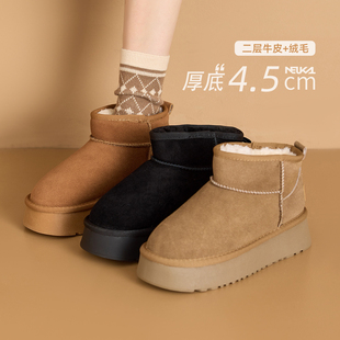 新卡伦牛反绒真皮厚底雪地靴女冬季加绒加厚大棉鞋女休闲面包靴