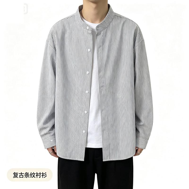 美式日系复古黑白条纹男款衬衫高级春秋打底宽松长袖休闲衬衣外套图片