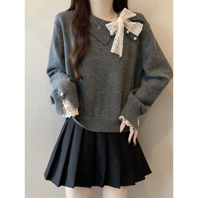 高级感灰色蝴蝶结正肩毛衣女2025秋冬新款胖mm超好看蕾丝拼接上衣