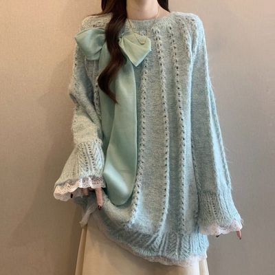 浅蓝色喇叭袖毛衣女2024冬大码胖mm法式大蝴蝶结针织衫中长款上衣