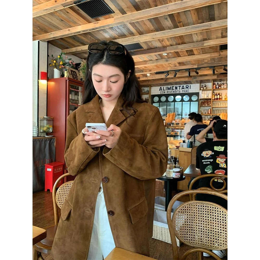 复古宽松棕色西装外套女2025秋冬新款设计感美拉德麂皮经典款夹克
