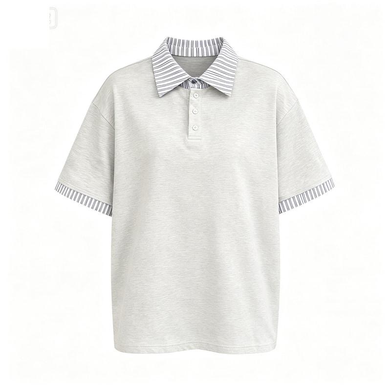 条纹衬衫领POLO衫男女夏季美式拼接假两件短袖t恤宽松半袖上衣潮图片
