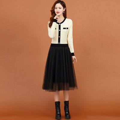 连衣裙女2025新款秋冬春秋高档纱裙拼接假两件修身显瘦针织打底裙