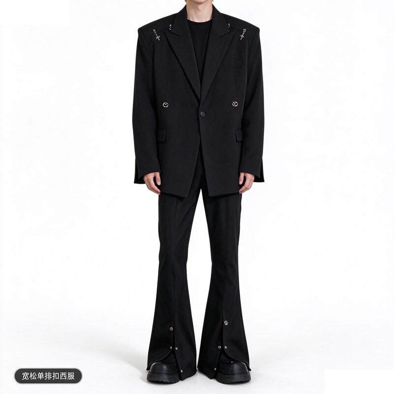秋季单排扣休闲西服套装男高级韩版分叉设计个性宽松小西外套男12