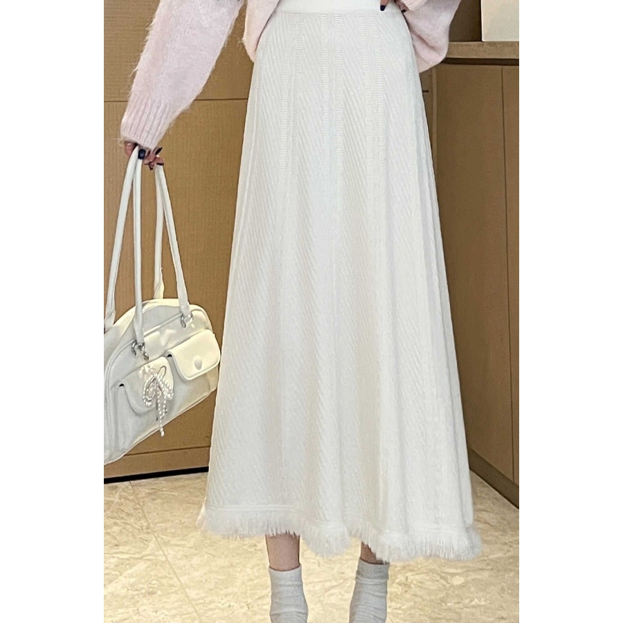 流苏针织半身裙2025长款秋冬新款加厚高腰显瘦a字大摆裙毛线裙子