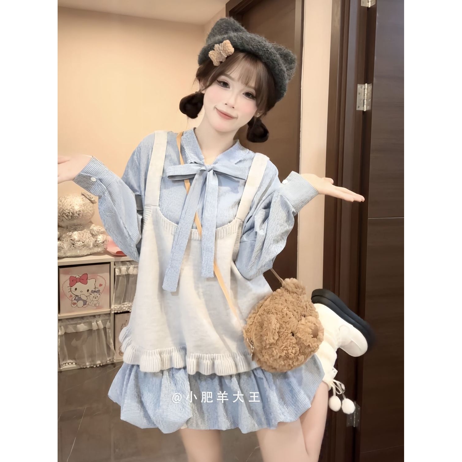 韩系复古格子蝴蝶结系带衬衫裙显瘦花苞裙女背心甜美套装秋季