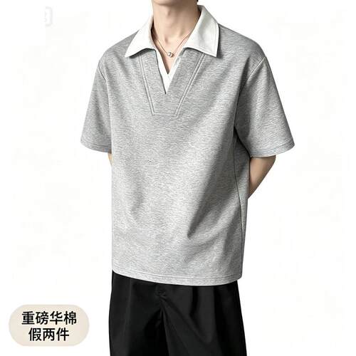 重磅美式260克华棉撞色假两件V领Polo衫翻领短袖t恤男款夏季