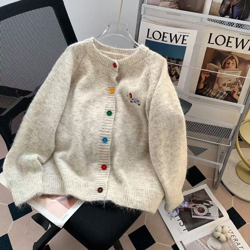 糖果色针织毛衣春秋美式复古甜美纽扣刺绣软糯开衫女外套小狗上衣