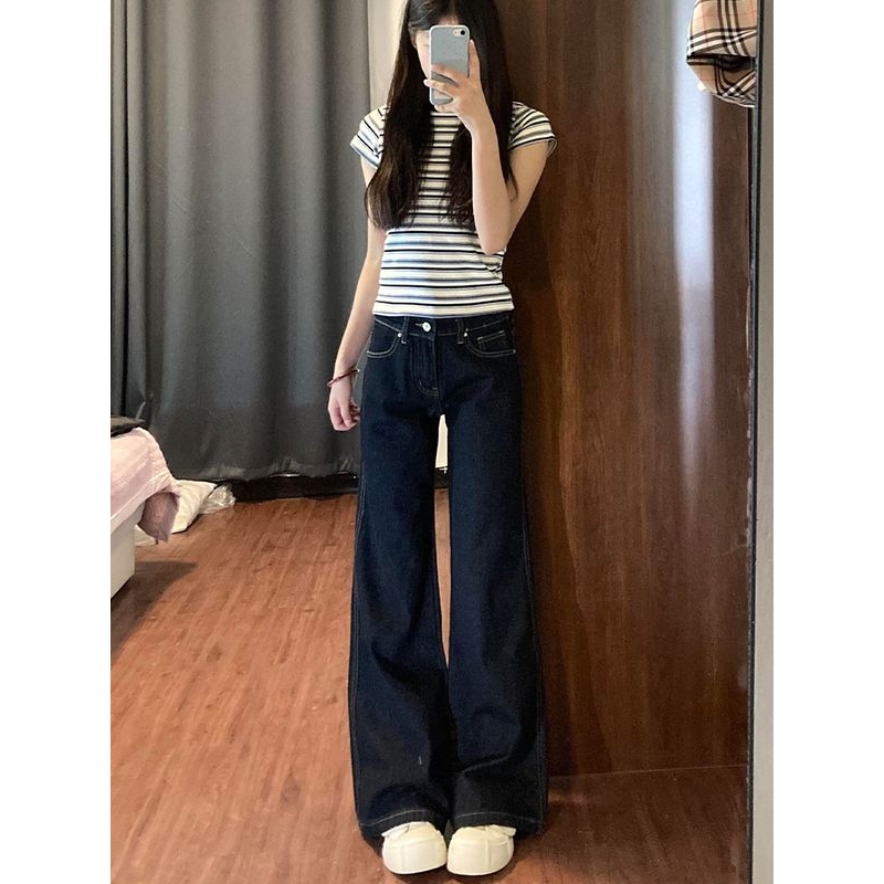 复古深蓝色微喇叭牛仔裤女夏季新款低腰宽松阔腿显瘦直筒拖地裤子