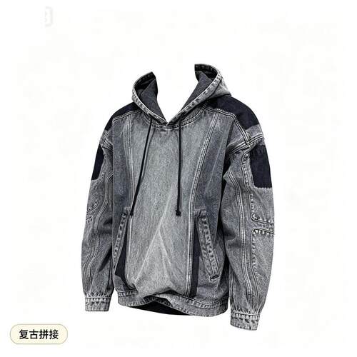 美式复古做旧拼接牛仔卫衣连帽潮牌欧美街头vintage机车服男12