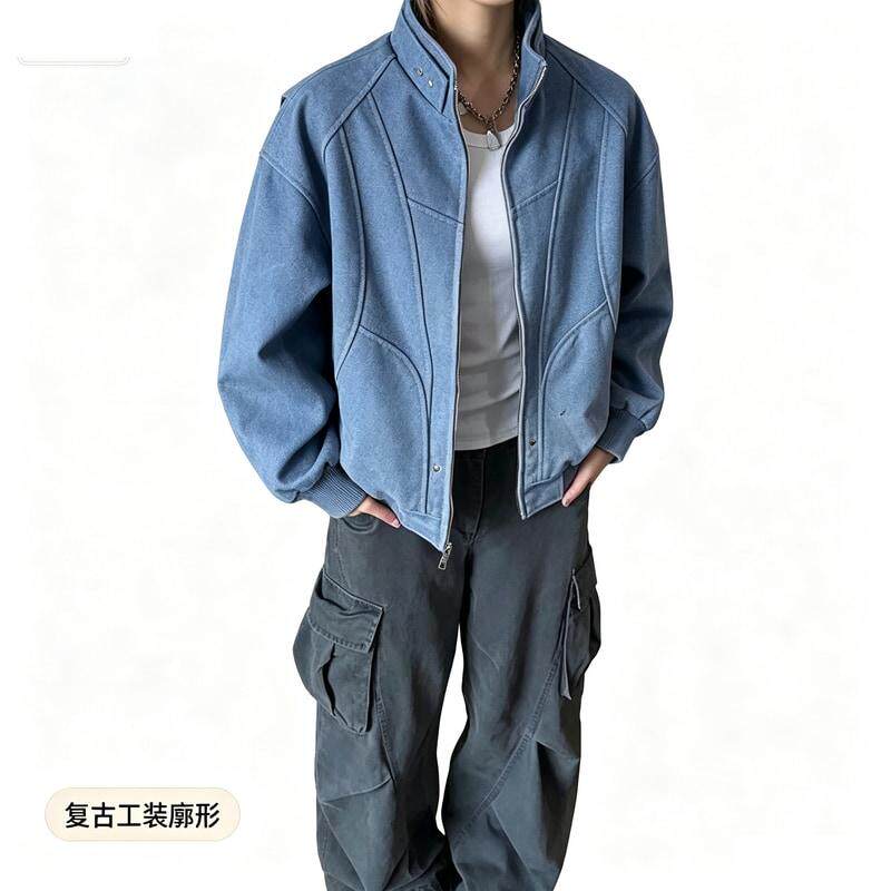美式复古蓝色工装夹克男款春秋外套高级感痞帅廓形立领短款棒球服