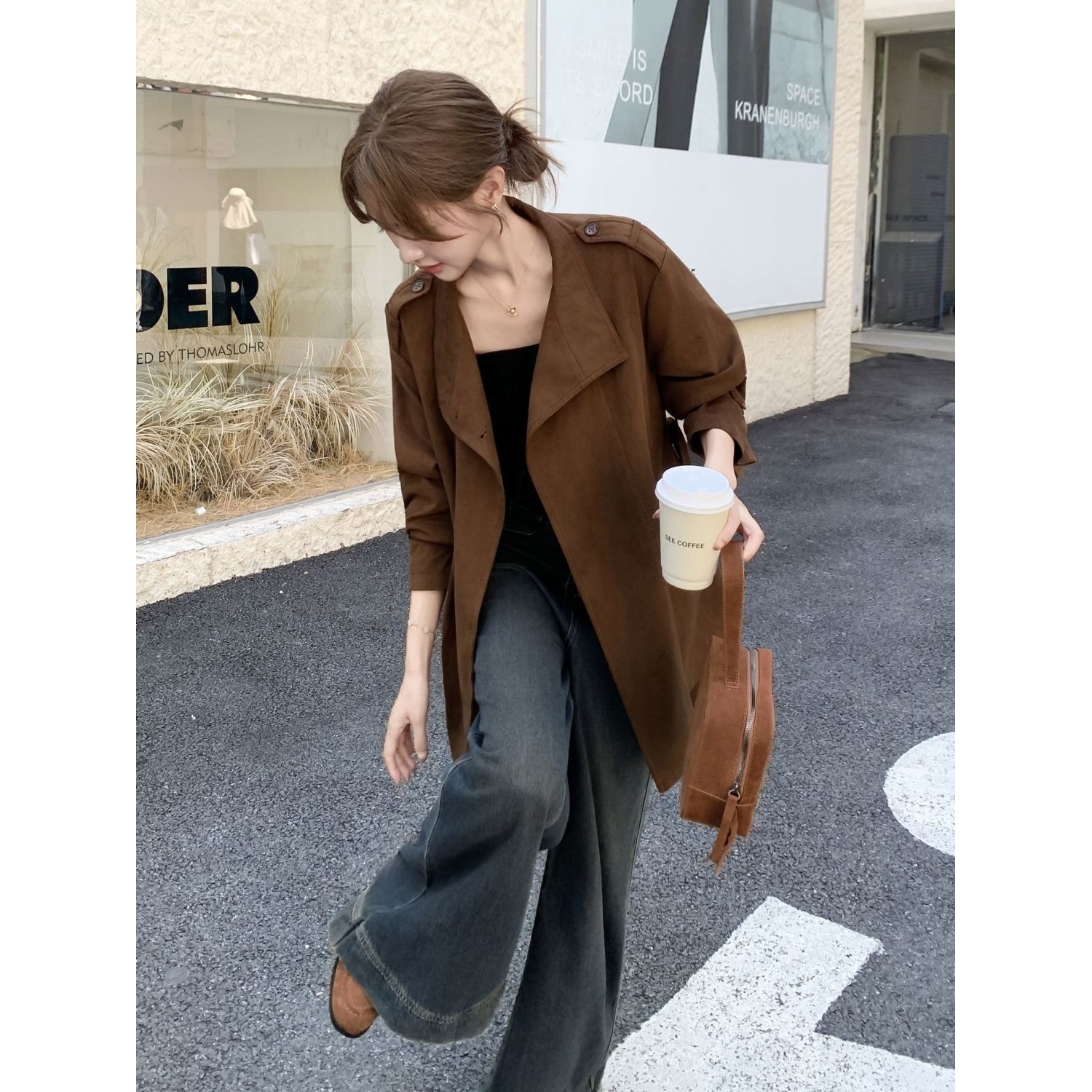 深咖色麂皮绒风衣外套女立领美拉德穿搭复古小个子大衣秋季2025