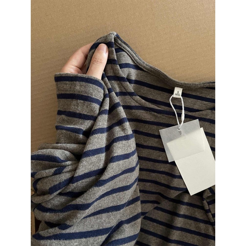 秋款时尚T恤百搭2025新款条纹上衣圆领宽松长袖潮流校园风个性