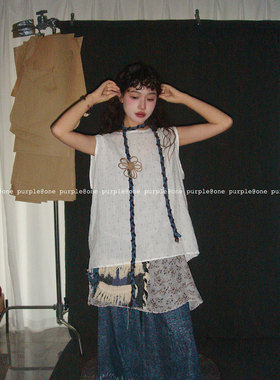 one purple|5.8NEW 简约不规则绑带波点背心两穿百搭微透叠穿上衣