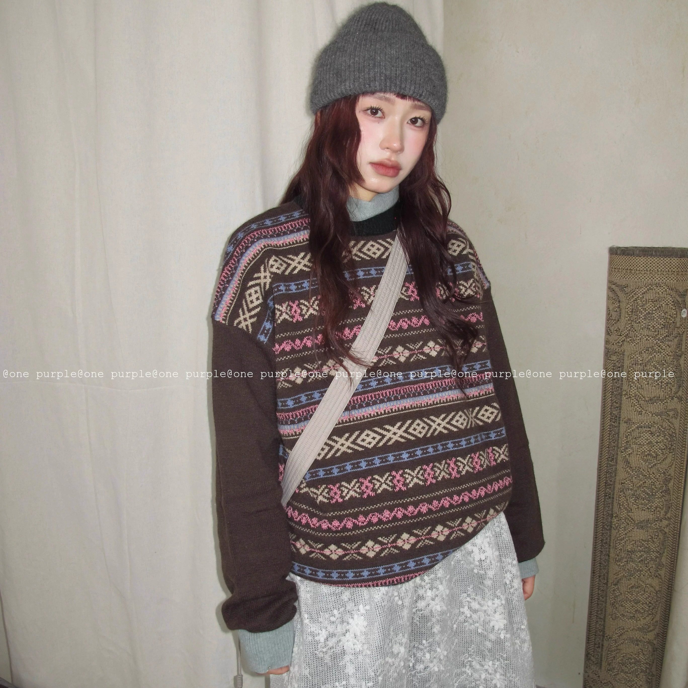 One purple| 复古费尔岛针织刺绣圆领套头衫韩版撞色宽松百搭毛衣,女装/女士精品,毛衣,淘宝优惠券,粉丝福利购,淘宝优惠卷