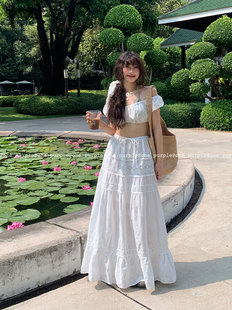 法式 3.4NEW小众度假风微透纯欲绣花套装 露腰长裙 purple One