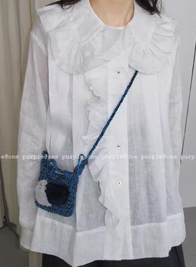 One purple日系亚麻重工剪裁荷叶领长袖衬衫韩版花边单排扣娃娃衫