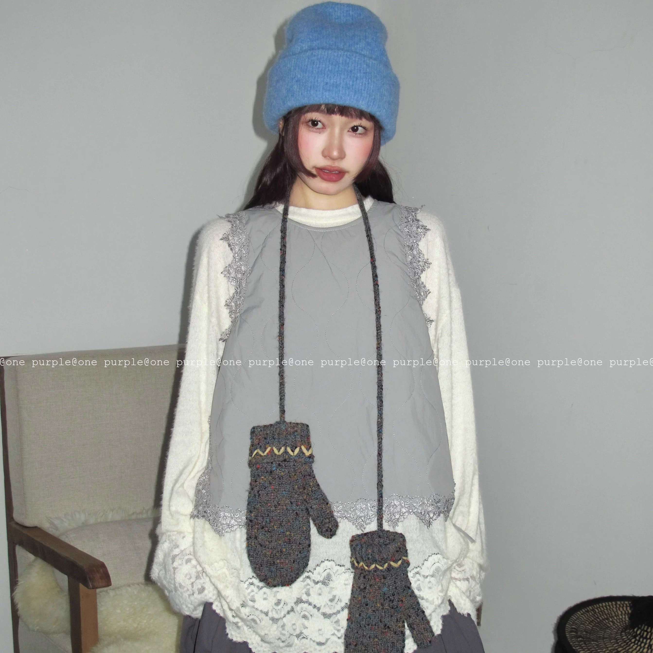 One purple|10.20New 设计感花边夹棉轻薄马甲韩版绑带叠穿棉背心