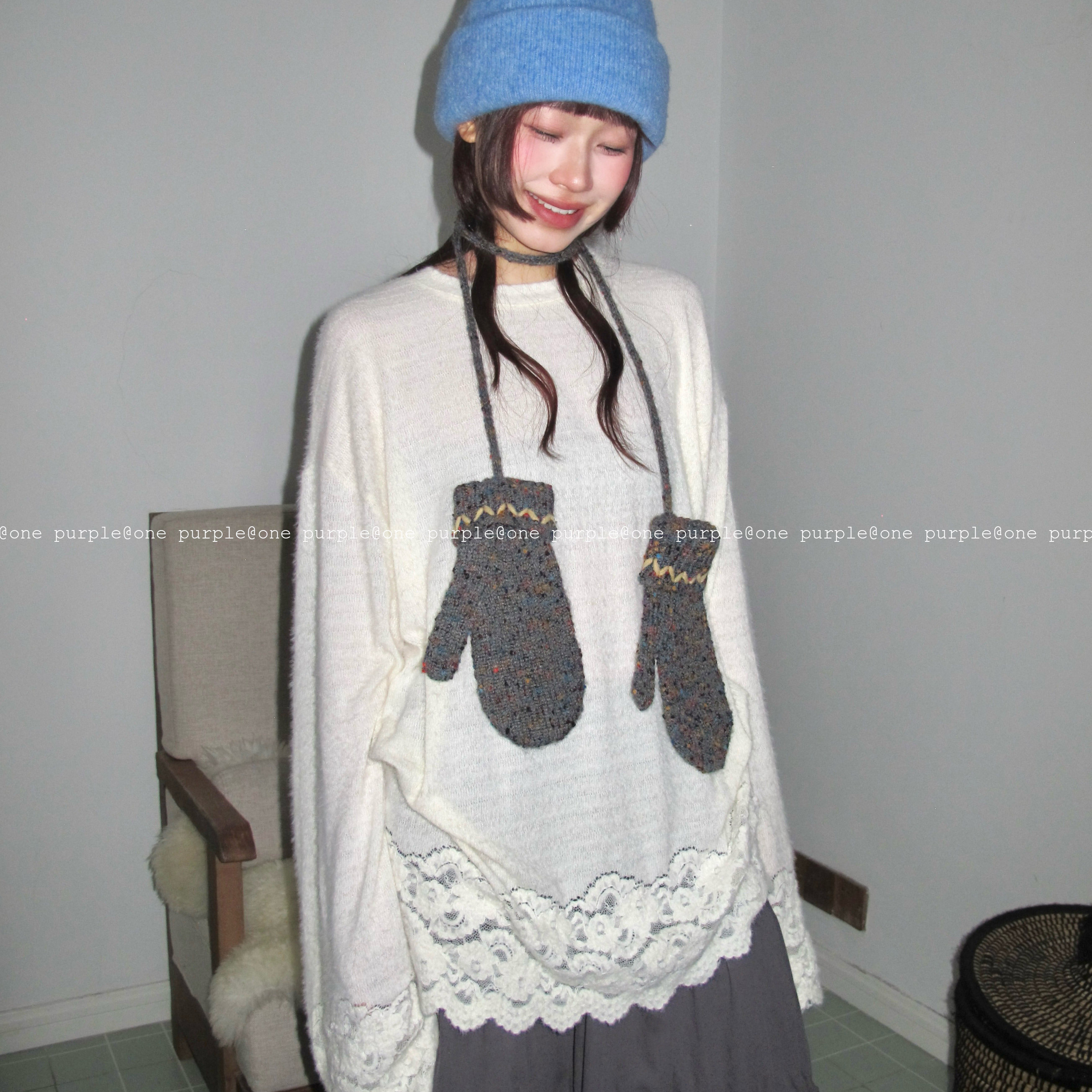 one purple10.20New秋冬简约磨毛圆领蕾丝打底衫韩版宽松百搭长袖