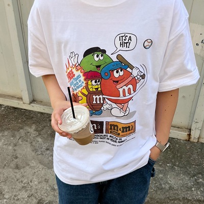 Talktokey(TTO) M&M豆 美式卡通 重磅白色纯棉宽松短袖T恤男女