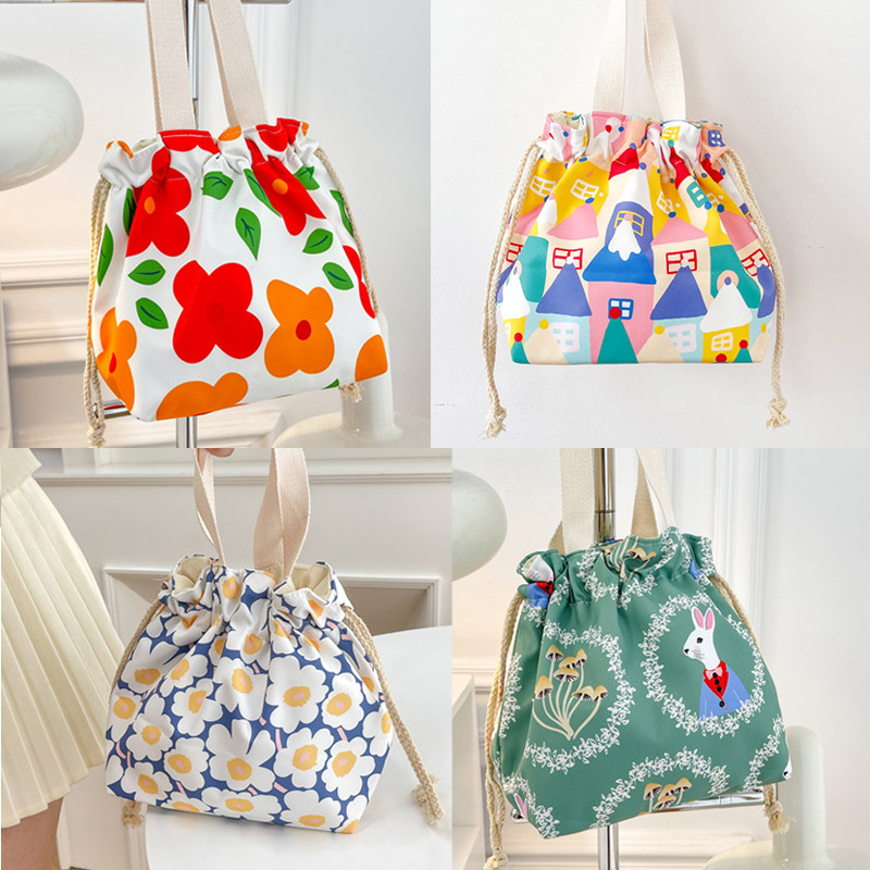 可爱ins卡通手提抽绳便当包学生上班装饭盒袋子大容量日式手拎包
