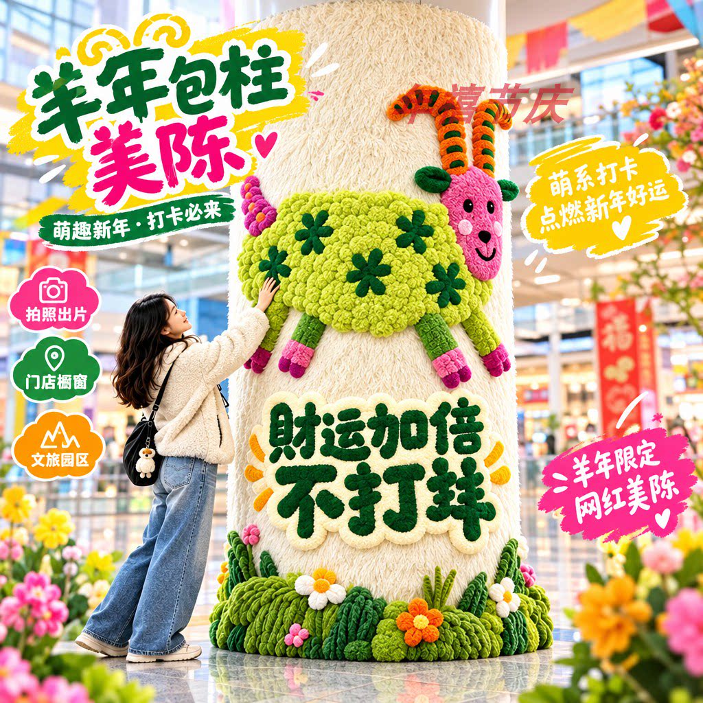 新春卡通包柱美陈商业大堂购物中心文旅园区展厅新年网红装饰定制