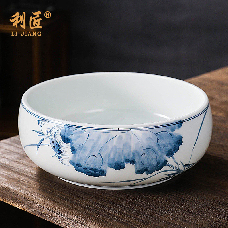 利匠手绘陶瓷茶洗缸家用大号水洗水孟茶具景德镇青花瓷茶杯洗笔洗