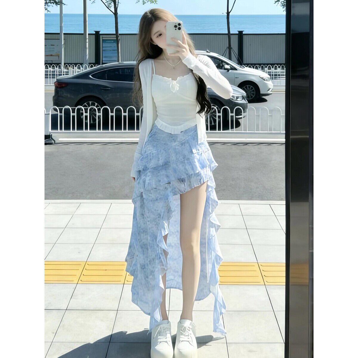 韩系巨好看穿搭一整套早春2026新款白色T恤女不规则半身裙子套装