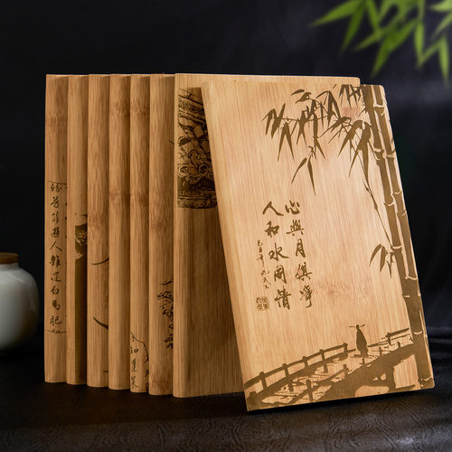 仿竹纹笔记本子软皮面文艺精致简约大学生横线日记本国风商务办公工作会议开会记录记事本加厚定制可印LOGO