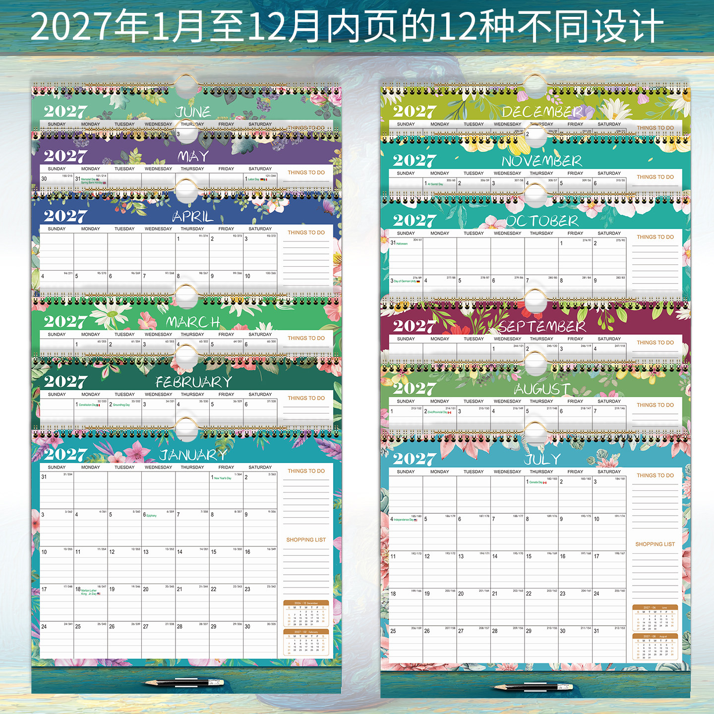 挂历2027年简约英文挂墙月历商务办公日历定制墙面挂件工作计划表自律打卡跨境亚马逊日历日程记事计划记录